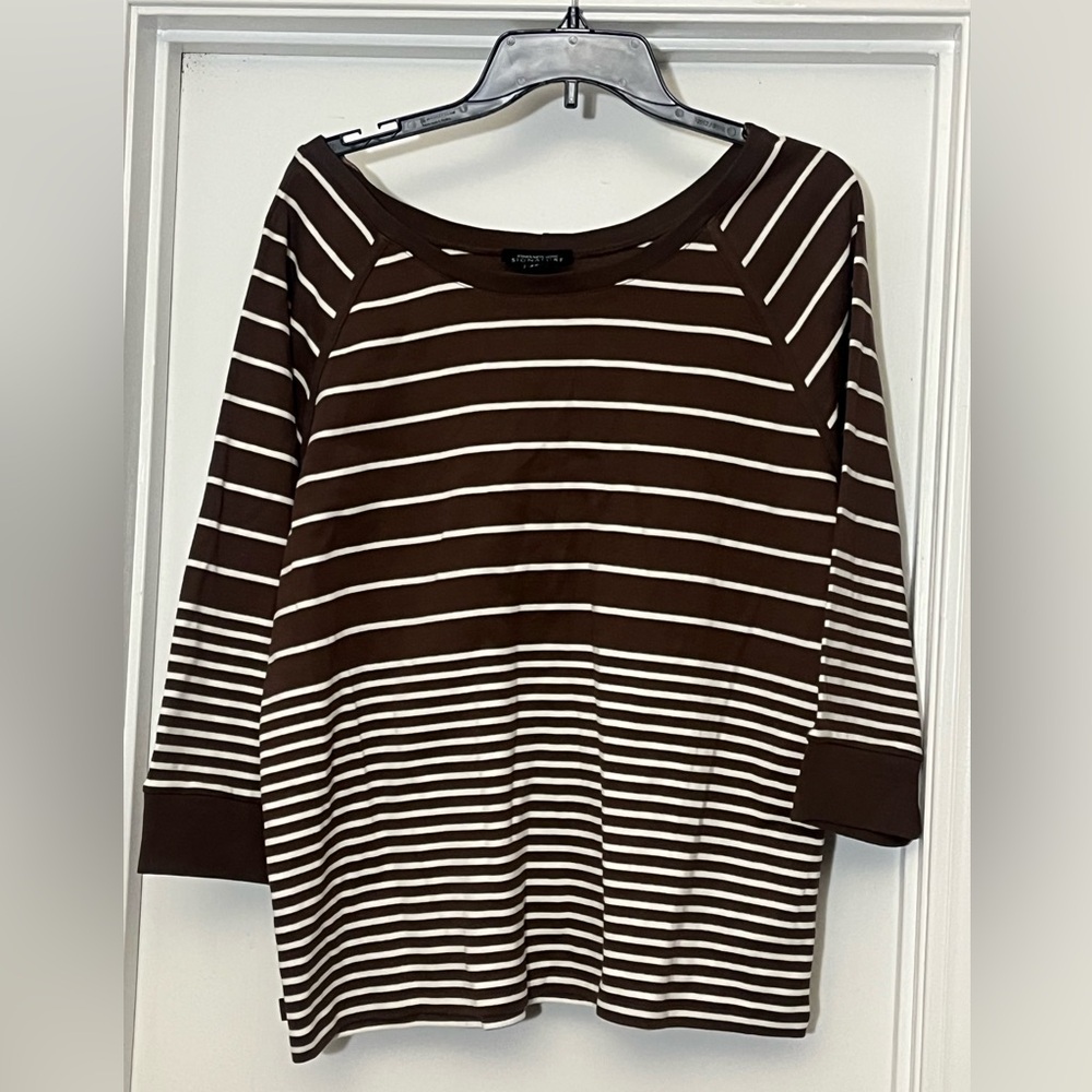 Jones New York Chocolate and White Striped Long Sleeve Top